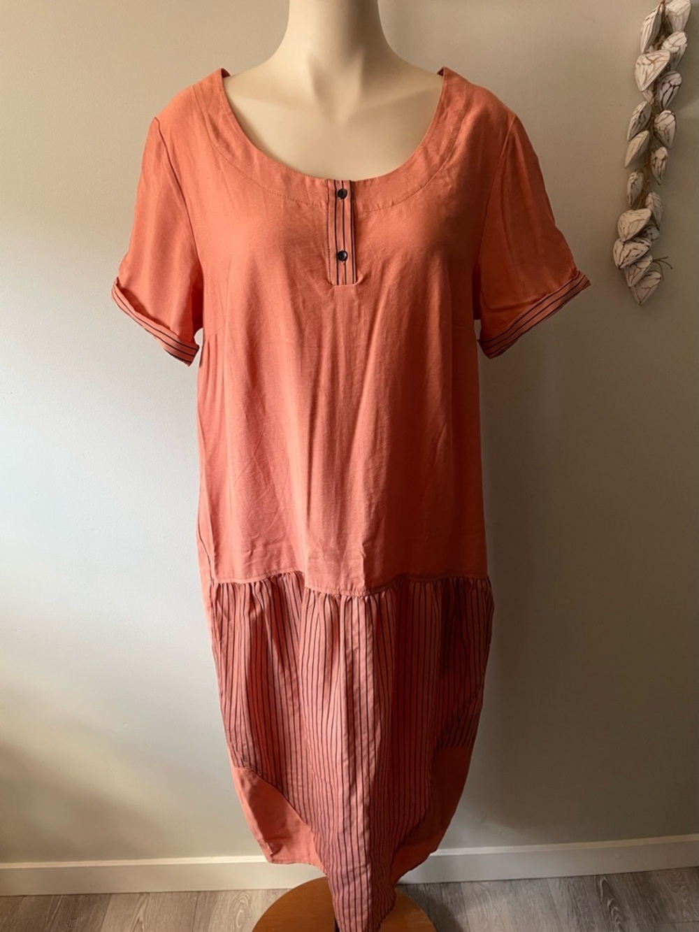 Kokomarina France Lagenlook Striped Drop Waist Dress Coral Terracotta Size Large